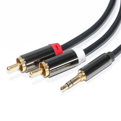 สายสัญญาณเสียง RCA 3.5 มม. 2-1 เปลือกโลหะสีดำสำหรับเครื่องเสียงรถยนต์ 0.53M 1M 2M