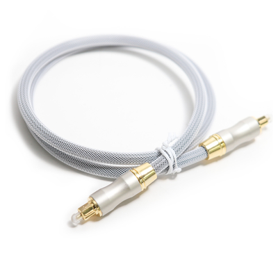 Toslink สายเคเบิลออปติกเสียงดิจิตอล OD5.0 ถักเชือกสีเทาปลั๊กทอง Frosted Shell สำหรับกล่องลำโพง CD / DVD