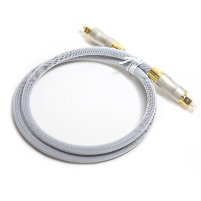 Toslink สายเคเบิลออปติกเสียงดิจิตอล OD5.0 ถักเชือกสีเทาปลั๊กทอง Frosted Shell สำหรับกล่องลำโพง CD / DVD