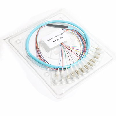 Blue LC UPC 12 Core Ribbon Fiber Pigtails พอร์ตสีเทา 0.9 มม. Gigabit Ethernet ความเร็ว 1.5m-3m